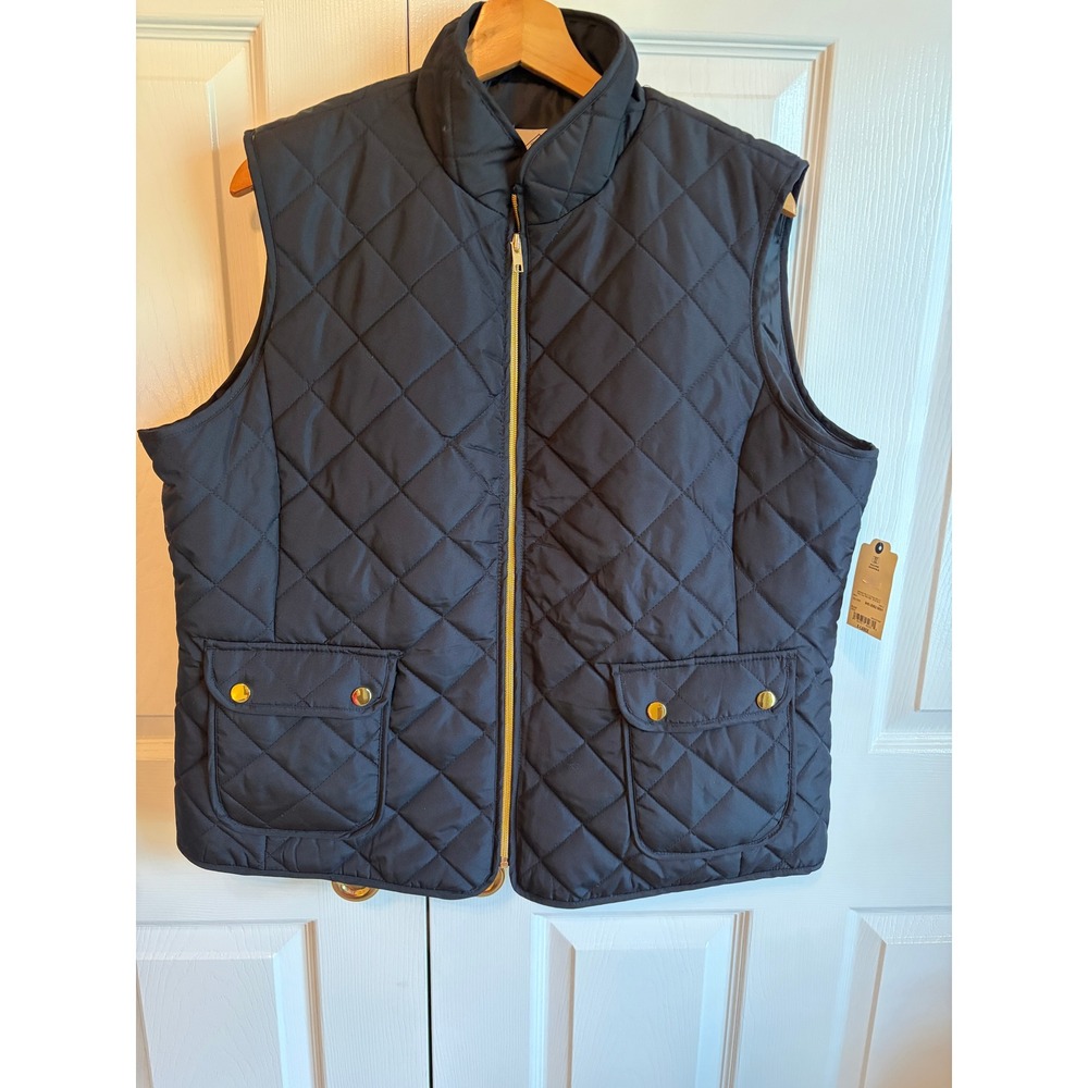 NWT St Johns Bay Womens XL Navy Blue Quilted Vest Full Zip Gold Hardware NWT